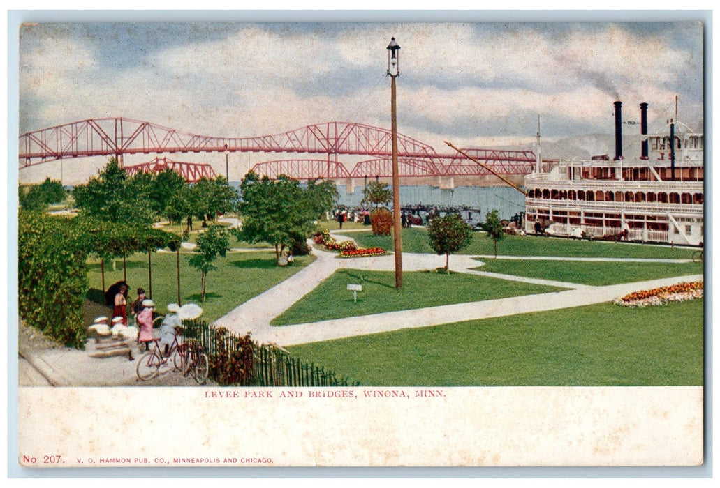 c1905 Levee Park & Bridges Kids Passenger Ferry Pathways View Winona MN Postcard