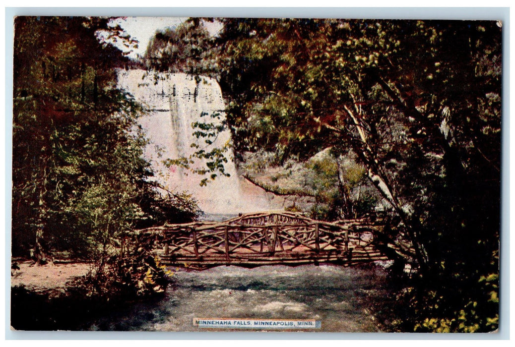 1910 Minnehaha Falls Rustic Bridge River Trees Minneapolis Minnesota MN Postcard