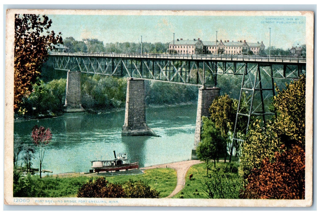 1908 Fort Snelling Truss Bridge Boat Dock Lake River Buildings View MN Postcard