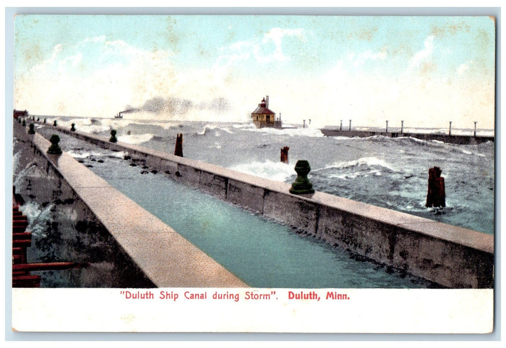 c1905 Duluth Ship Canal During Storm Ferry Big Waves Over Flow View MN Postcard