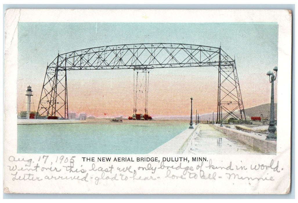 1905 New Aerial Truss Bridge Ship Canal Light House Boat View Duluth MN Postcard