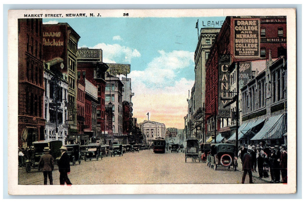 1925 Market Street Classic Cars Railway Establishments Crowd Newark NJ Postcard