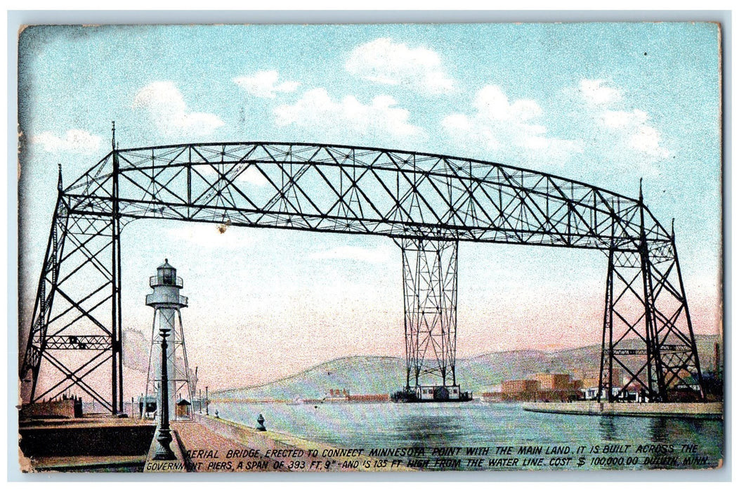 1907 Aerial Bridge Connect Minnesota Point Lighthouse Pier Duluth MN Postcard