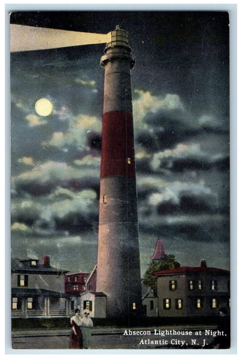 c1950's Absecon Light House Tower At Night Spotlight Atlantic City NJ Postcard