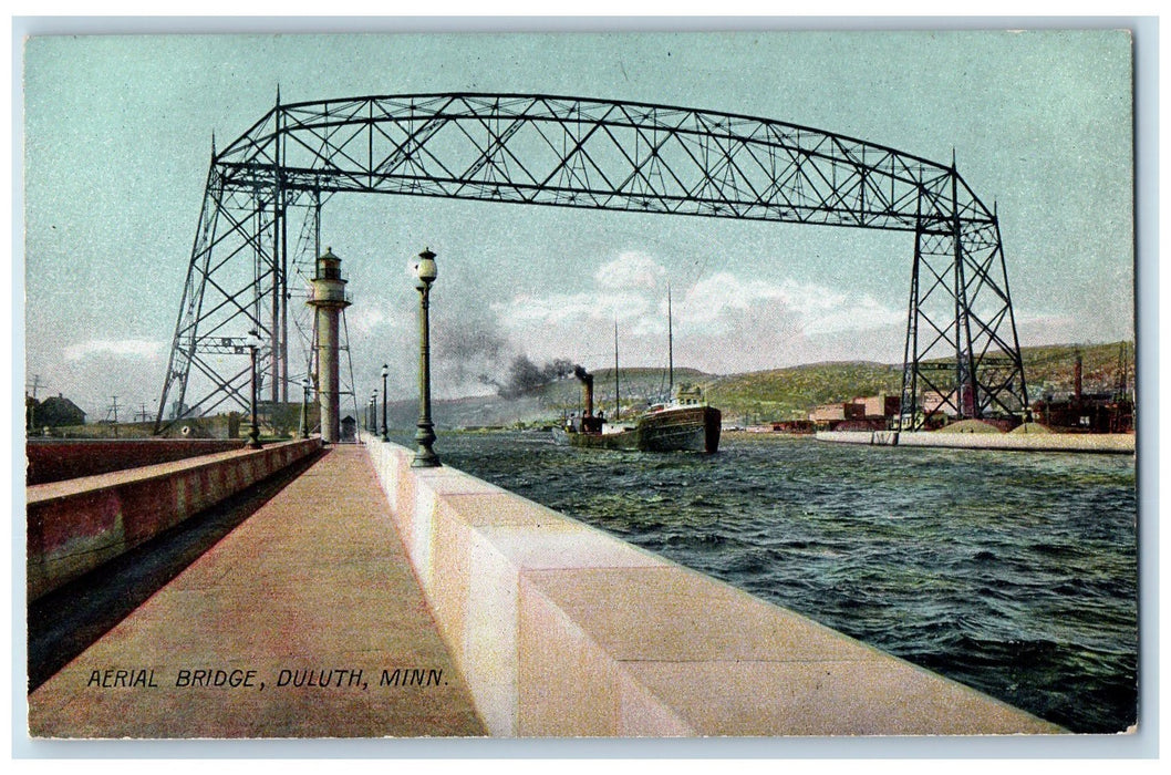 c1905 Aerial Truss Bridge Passenger Ship Ferry Smokestacks Duluth MN Postcard