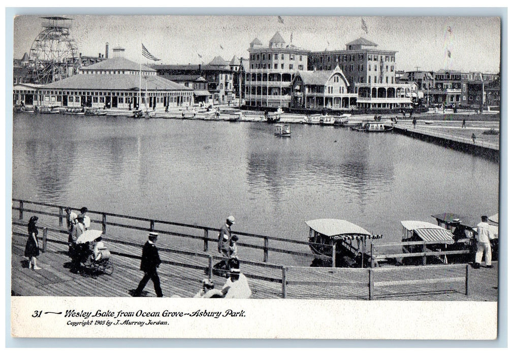 c1905 Wesley Lake Ocean Grove Boardwalk Boating Tourist Asbury Park NJ Postcard