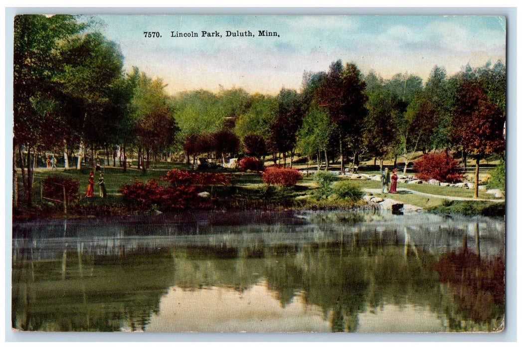 1912 Lincoln Park Lake Pond Visitors Trees Pathways Duluth Minnesota MN Postcard