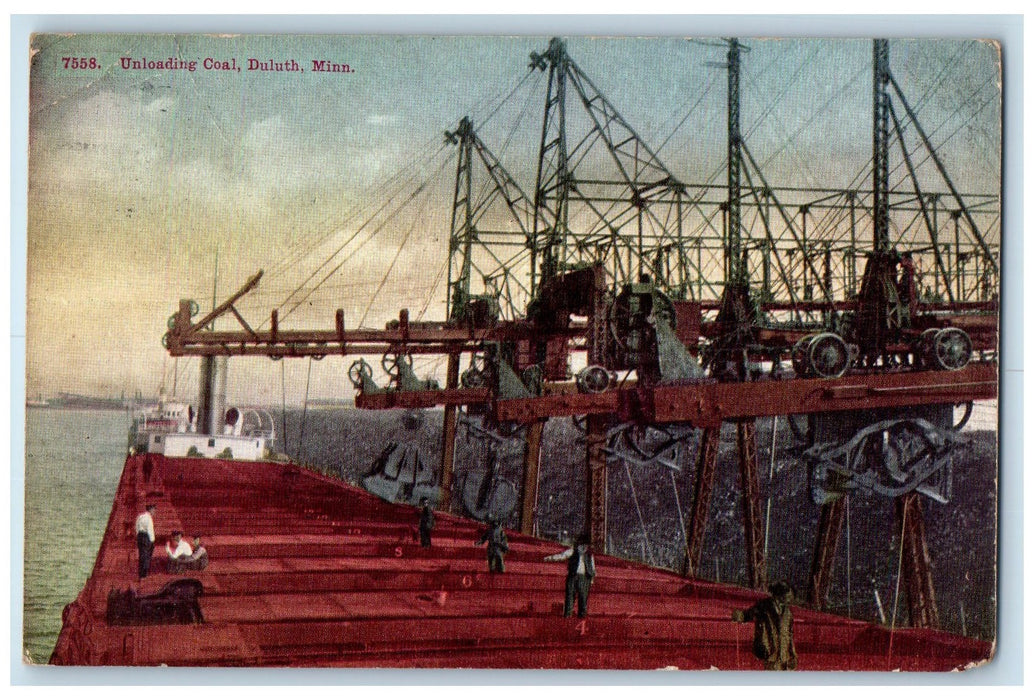 1911 Unloading Coal Workers Freighter Ship Cargo Duluth Minnesota MN Postcard