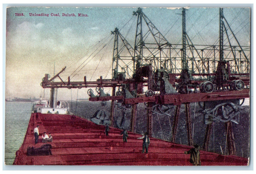c1950's Unloading Coal Workers Freighter Ship Cargo Duluth MN Unposted Postcard