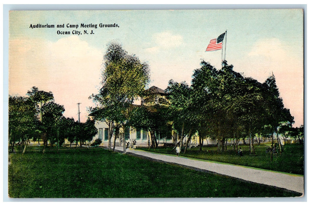 c1950 Auditorium Camp Meeting Play Grounds Flag Building Ocean City NJ Postcard