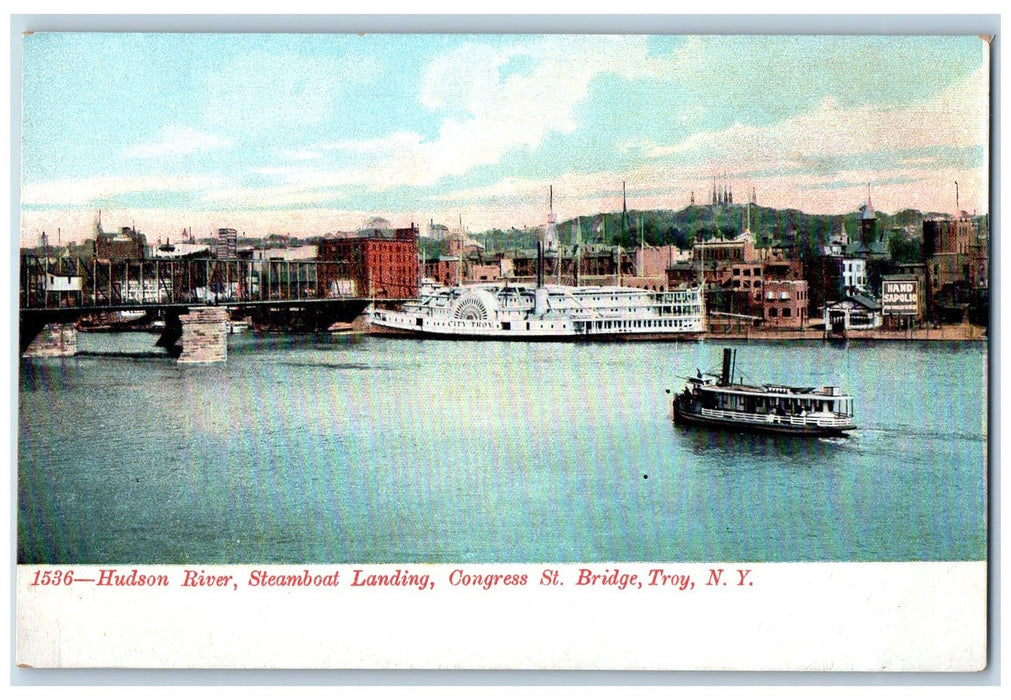 c1905 Hudson River Steamboat Landing Congress St. Bridge View Troy NY Postcard