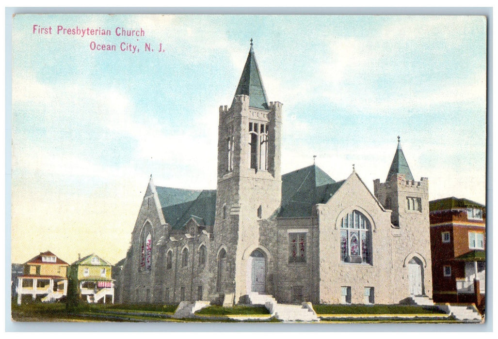 c1950 First Presbyterian Church Building Facade Roadside Ocean City NJ Postcard