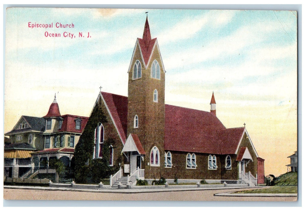 c1950's Episcopal Church Building Tower Facade Roadside Ocean City NJ Postcard