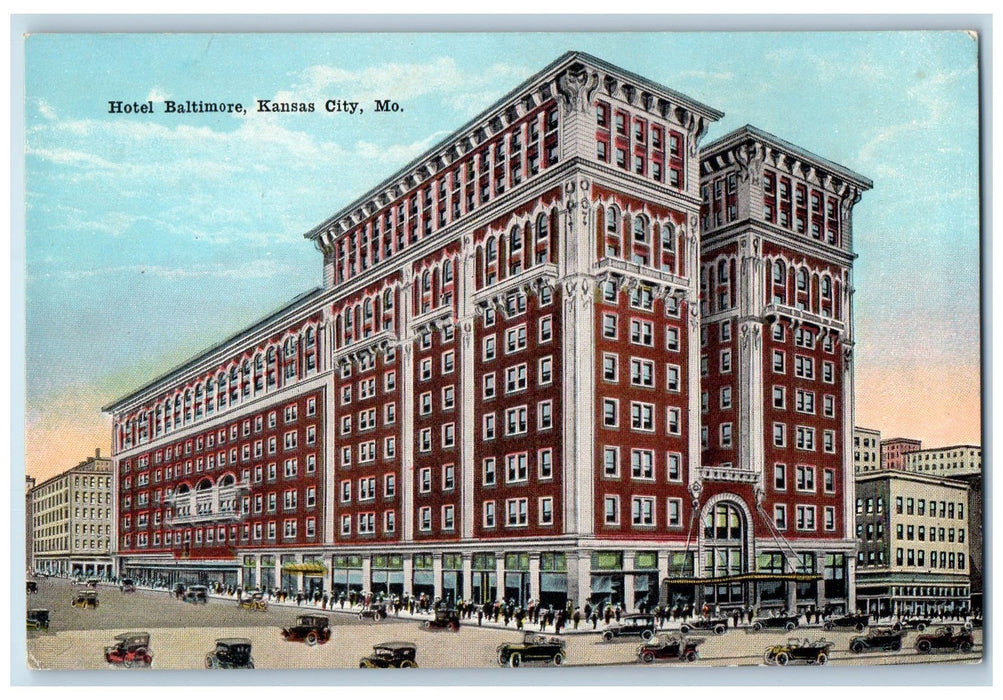c1910 Hotel Baltimore Restaurant Building Classic Cars Kansas City MO Postcard
