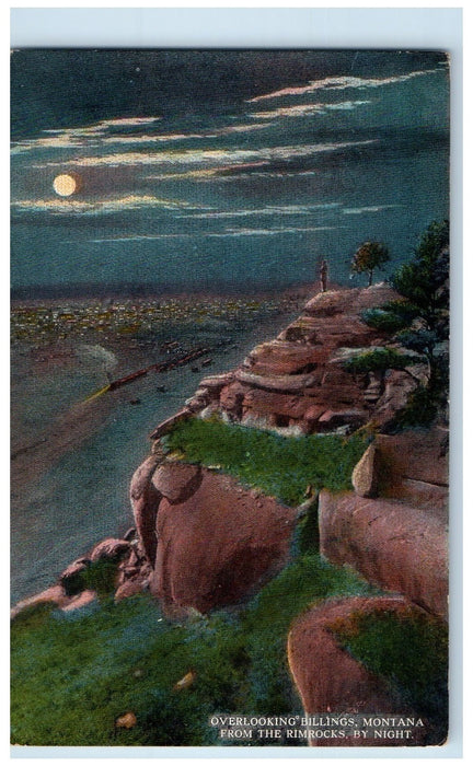 c1950 Overlooking Billings Montana From Rimrocks By Night Moonlight MT Postcard