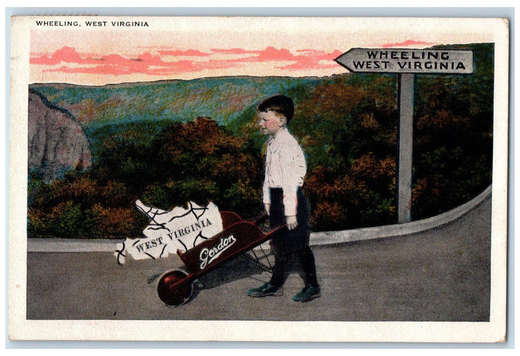 1928 Map Kid With Push Cart Pointing Arrow Wheeling West Virginia WVA Postcard