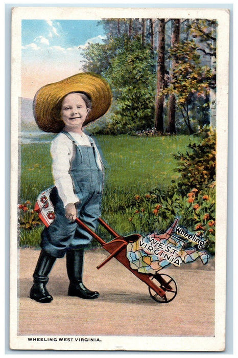 1908 Kid Map On Push Cart Western Costume Wheeling West Virginia WVA Postcard