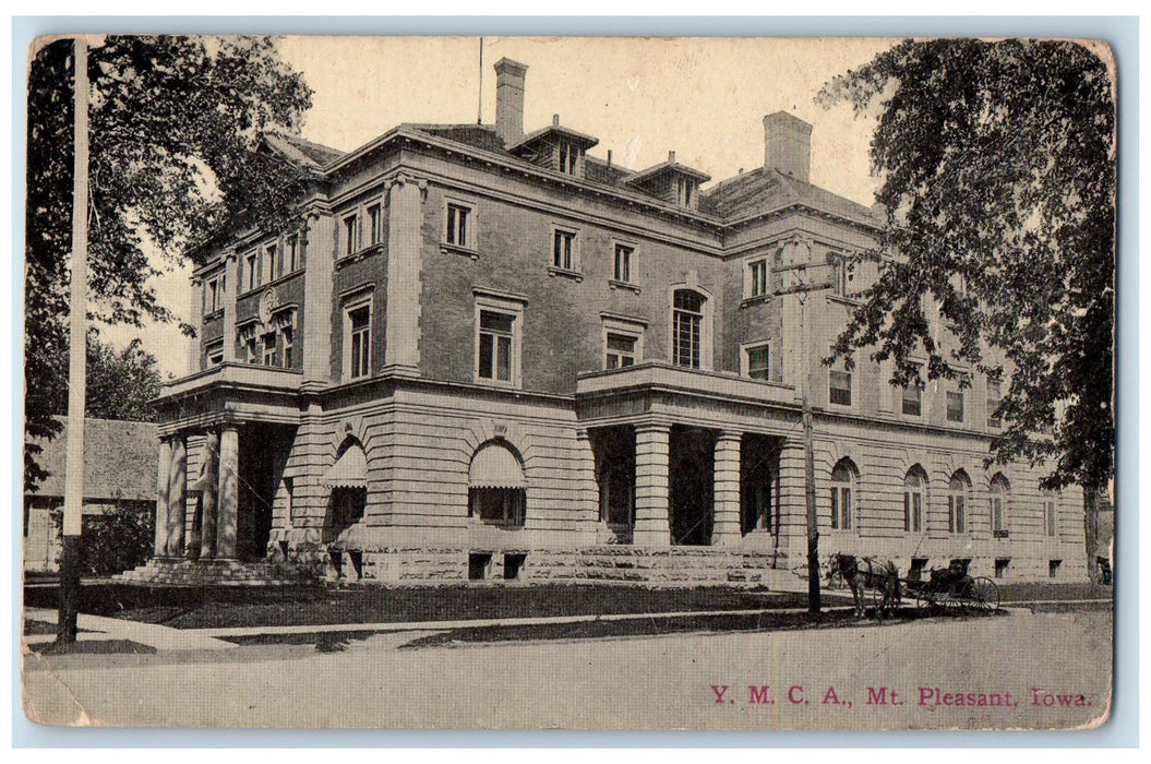 c1950's YMCA Building Entrance Horse Carriage Mount Pleasant Iowa IA Postcard