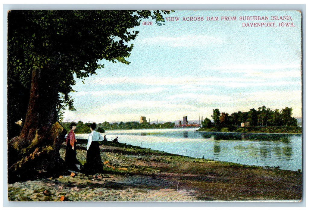 c1950 View Across Dam From Suburban Island Ladies On Lake Davenport IA Postcard