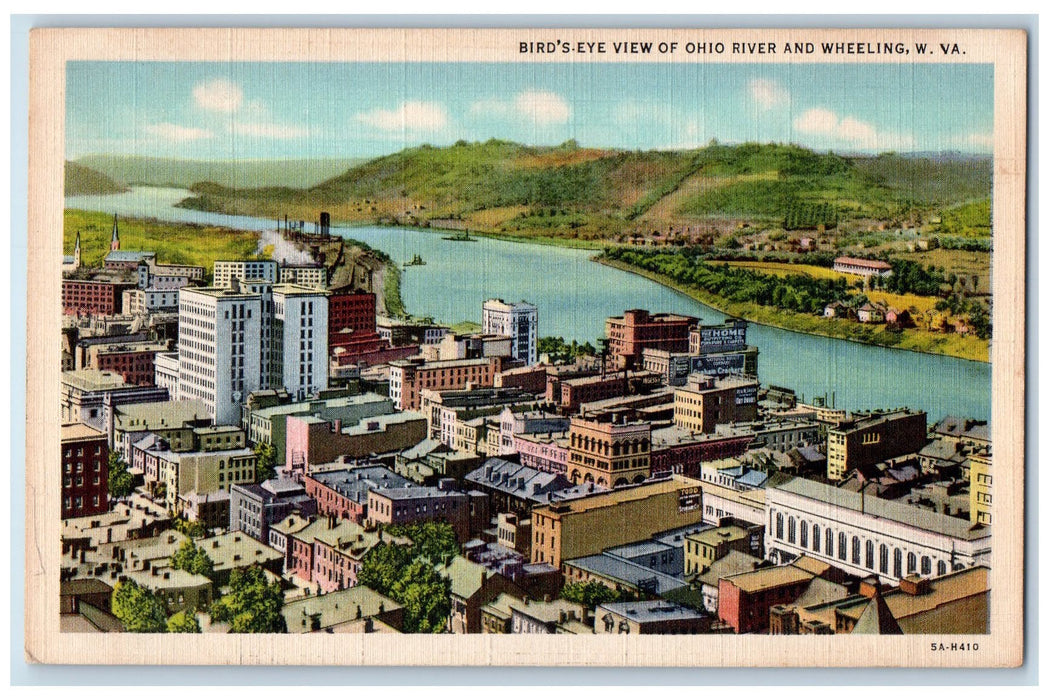 c1940 Bird's Eye View Ohio River Lake Buildings Mountains Wheeling WVA Postcard