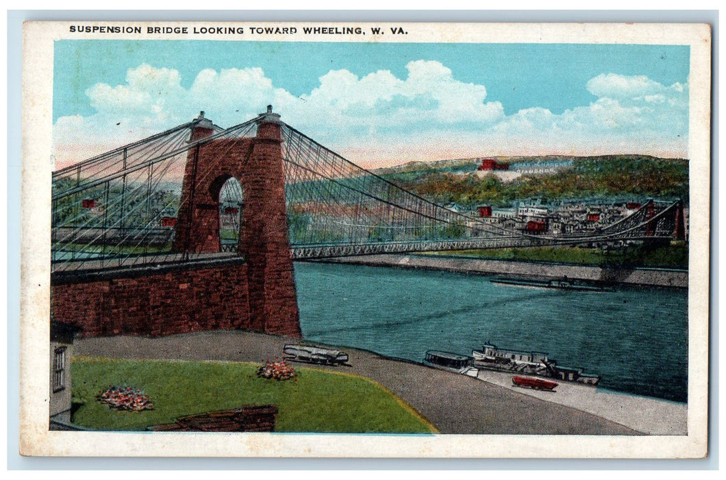 c1950 Suspension Truss Bridge Looking Toward Wheeling River Ferry WVA Postcard