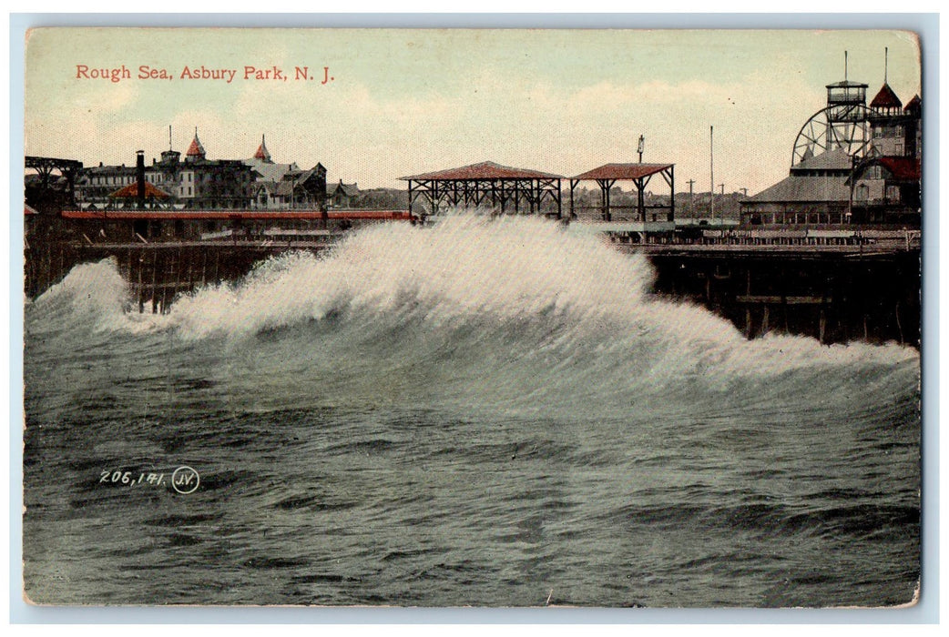 c1950's Rough Sea Waves Buildings Sheds Asbury Park West Virginia WVA Postcard