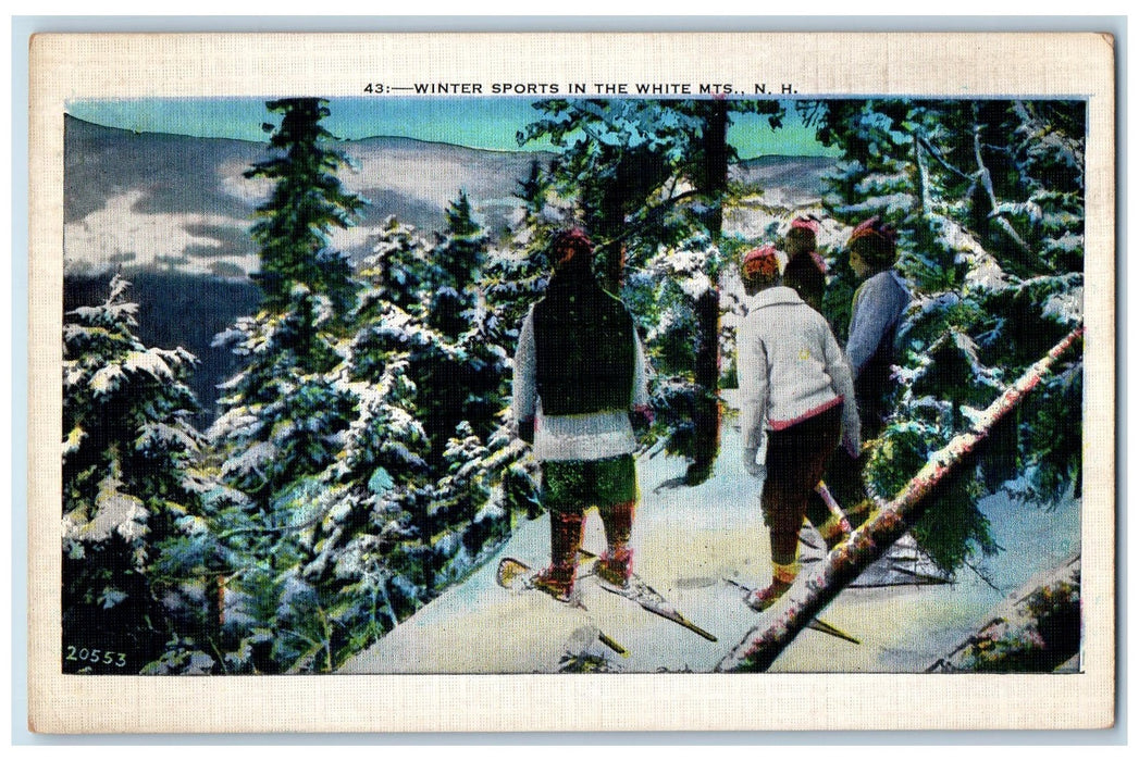 1939 Winter Sports Group Skiing Snow White Mountains New Hampshire NH Postcard