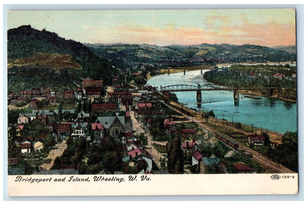 c1950's Bridgeport Island Truss Bridge River Wheeling West Virginia WVA Postcard