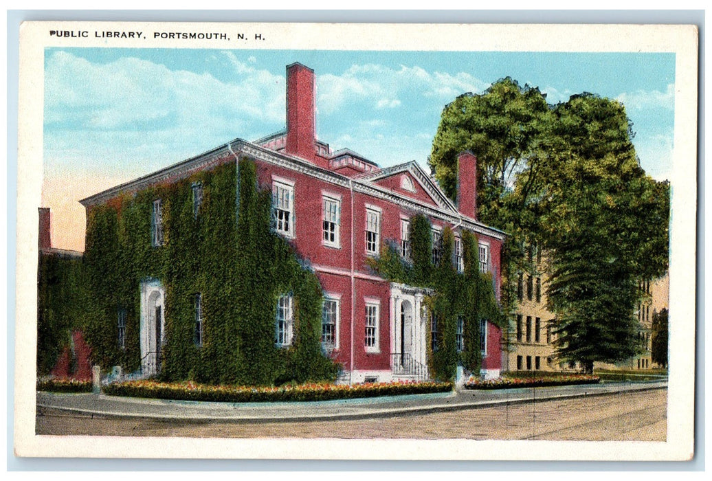 c1950 Public Library Building Roadside Chimneys Entrance Portsmouth NH Postcard