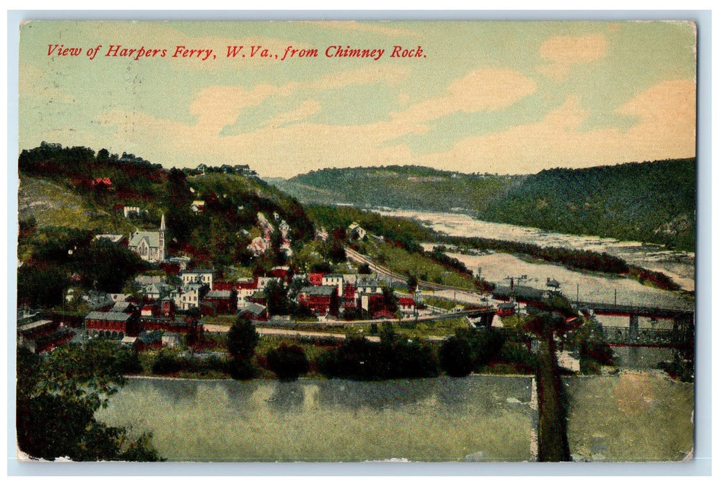 1912 View Of Harpers Ferry From Chimney Rock River Lake Village Tree WV Postcard