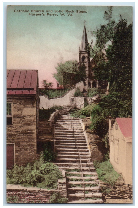 c1950 Catholic Church Solid Rock Steps Cross Tower Harper's Ferry WV Postcard