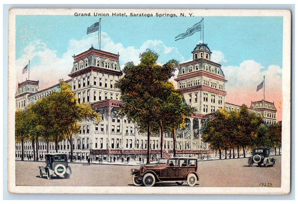 c1920 Grand Union Hotel Restaurant Building Cars Saratoga Springs NY Postcard