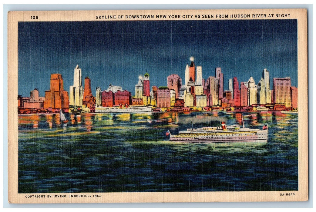 1942 Skyline Downtown New York City Hudson River At Night Ferry Ship NY Postcard
