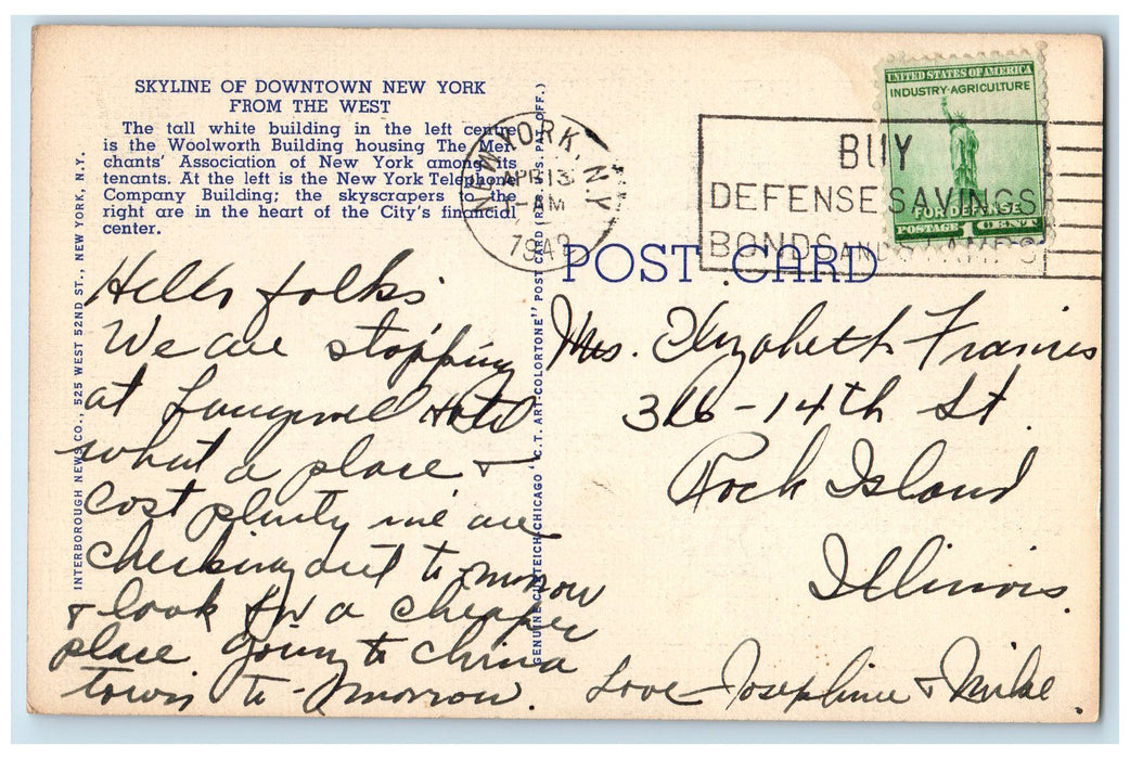 1942 Skyline Downtown New York City Hudson River At Night Ferry Ship NY Postcard