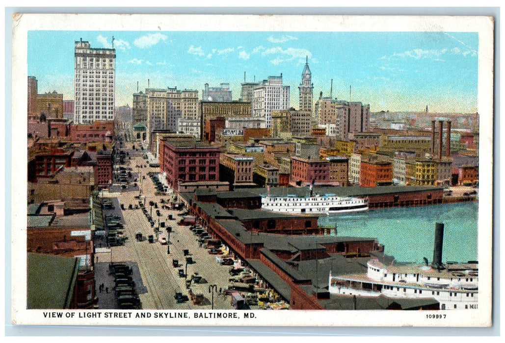 c1950 View Of Light Street & Skyline Ferry Harbor Baltimore Maryland MD Postcard