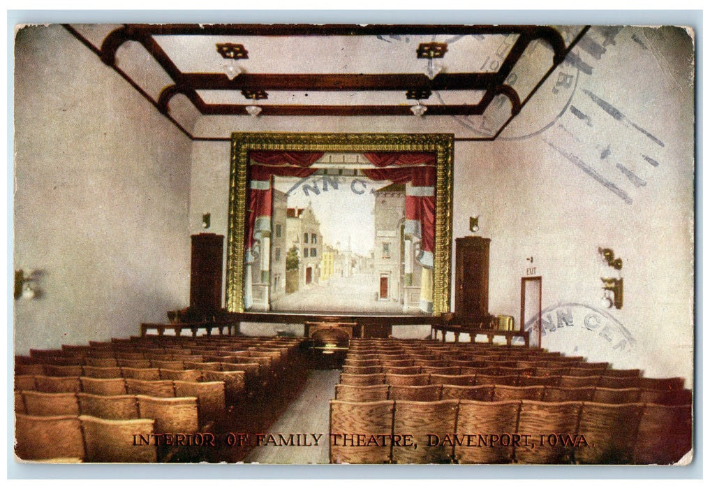1909 Interior Of Family Theater Bench Screen Curtain Davenport Iowa IA Postcard