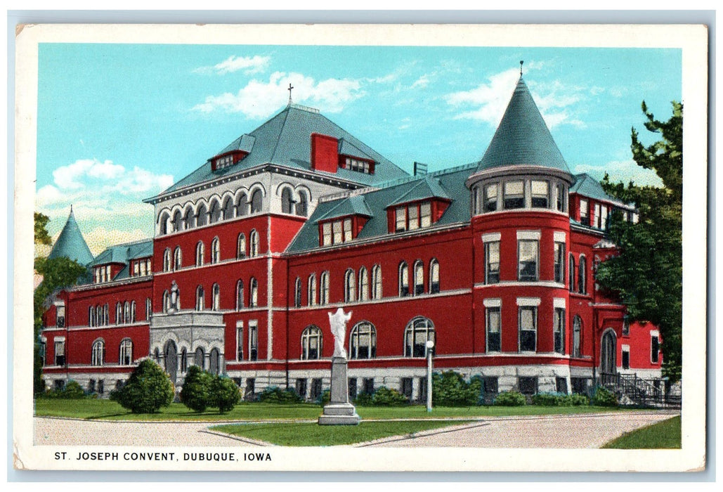 c1950's  St. Joseph Convent Building Facade Statue Road Dubuque Iowa IA Postcard