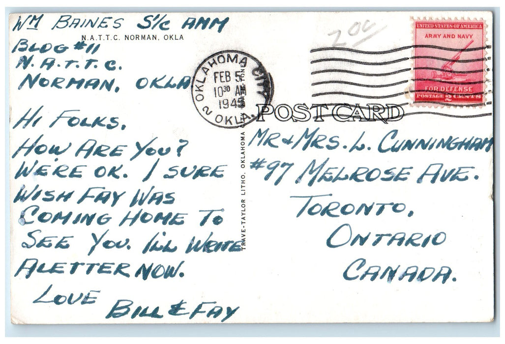 1945 Naval Air Technical Training Center View Norman Oklahoma OK Posted Postcard