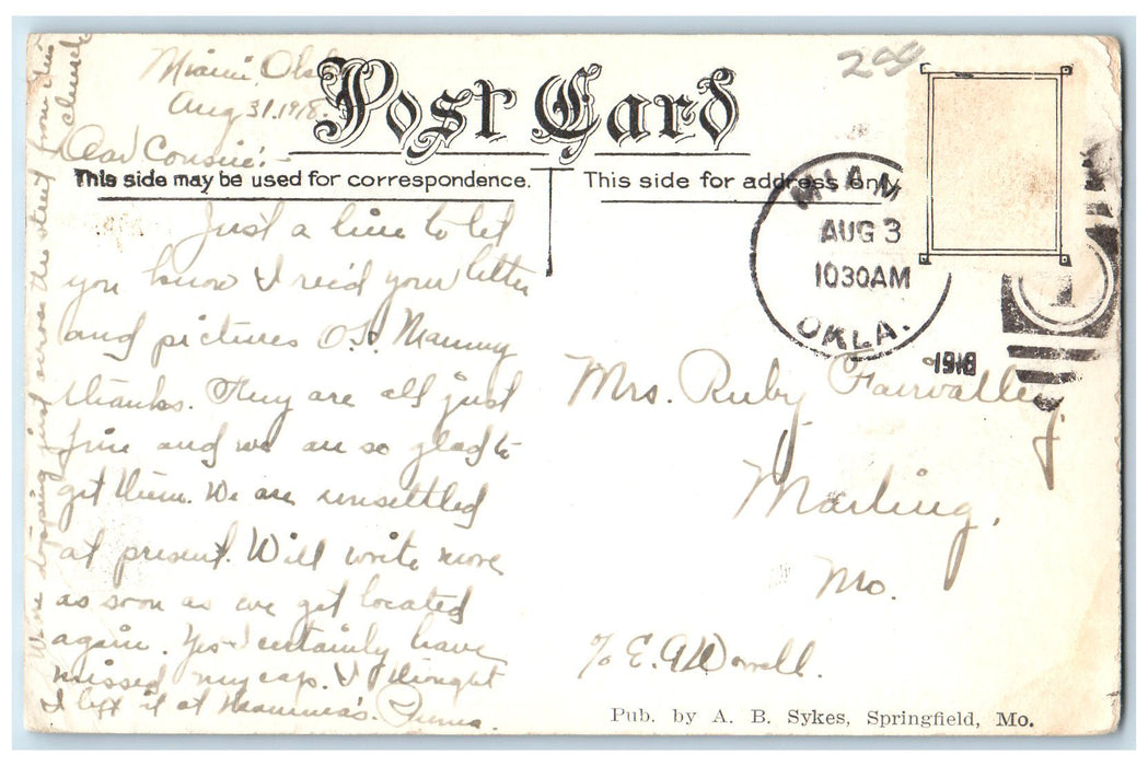 1918 Christian Church Exterior View Roadside Miami Oklahoma OK Posted Postcard