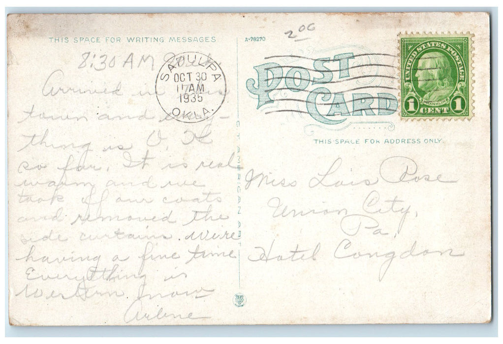 1935 South Methodist Church Exterior Scene Sapulpa Oklahoma OK Posted Postcard