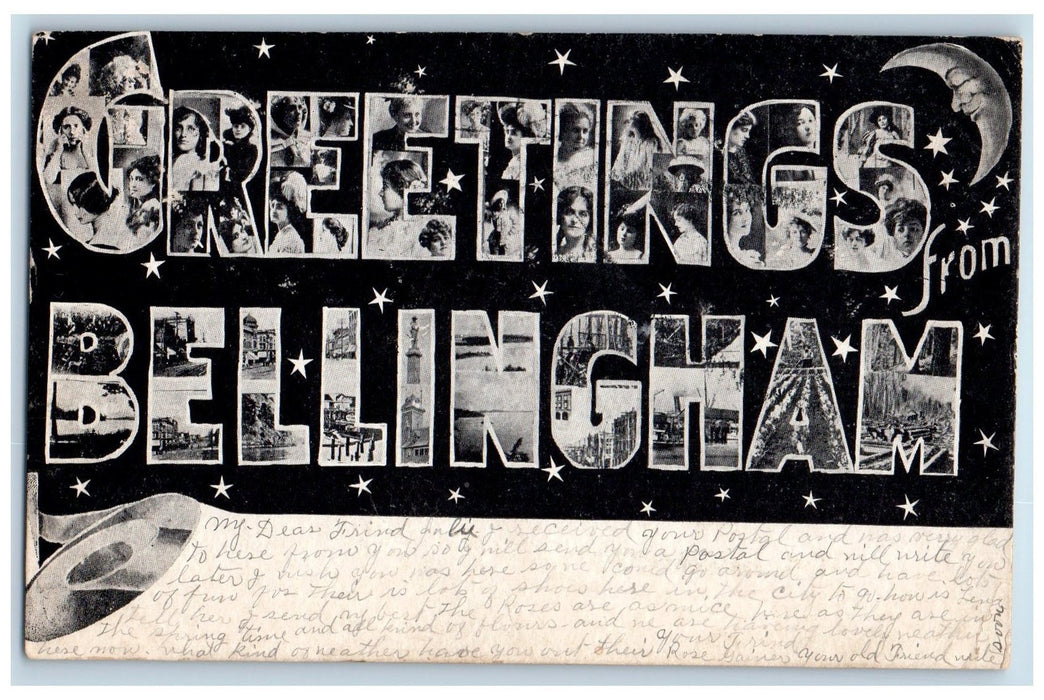 1907 Large Letter Greetings From Bellingham Washington WA Posted Moon Postcard