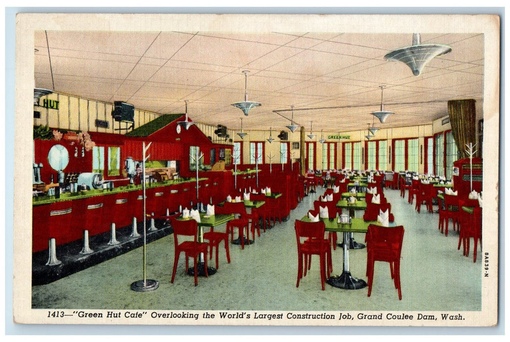 c1940's Green Hut Cafe World's Largest Construction Job Grand Coulee WA Postcard