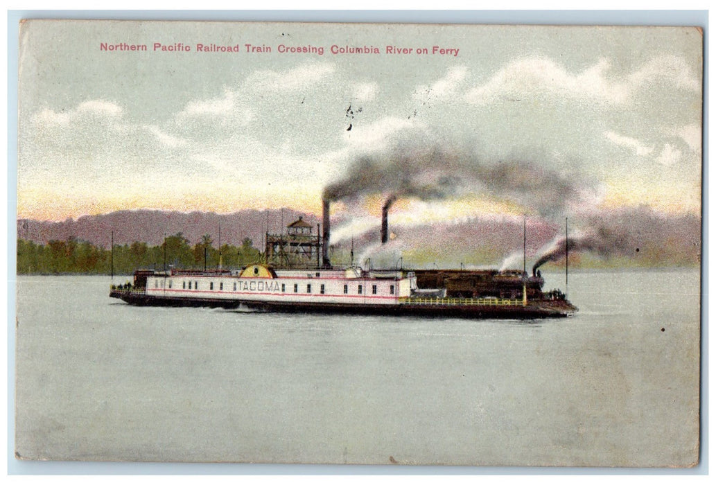 1910 Northern Pacific Railroad Train Crossing Columbia River Ferry OR Postcard