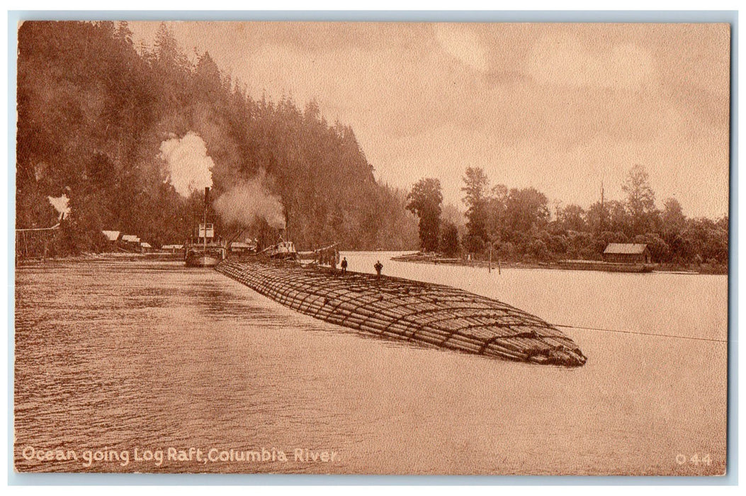 c1940s Ocean Going Log Raft Columbia River Oregon OR Unposted Steamship Postcard