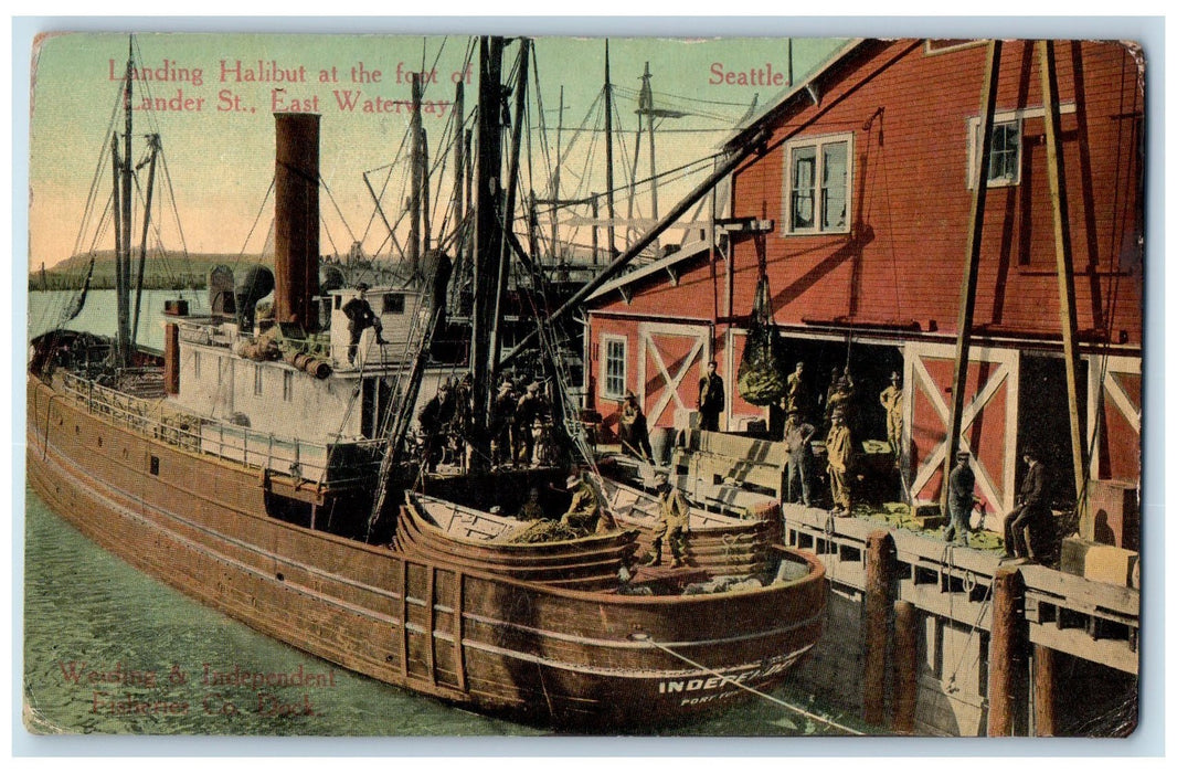 c1940's Landing Halibut At The Front Of Lander St. Seattle WA Steamship Postcard