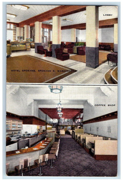 1940's Hotel Lobby Coffee Shop Interior Spokane Washington WA Unposted Postcard
