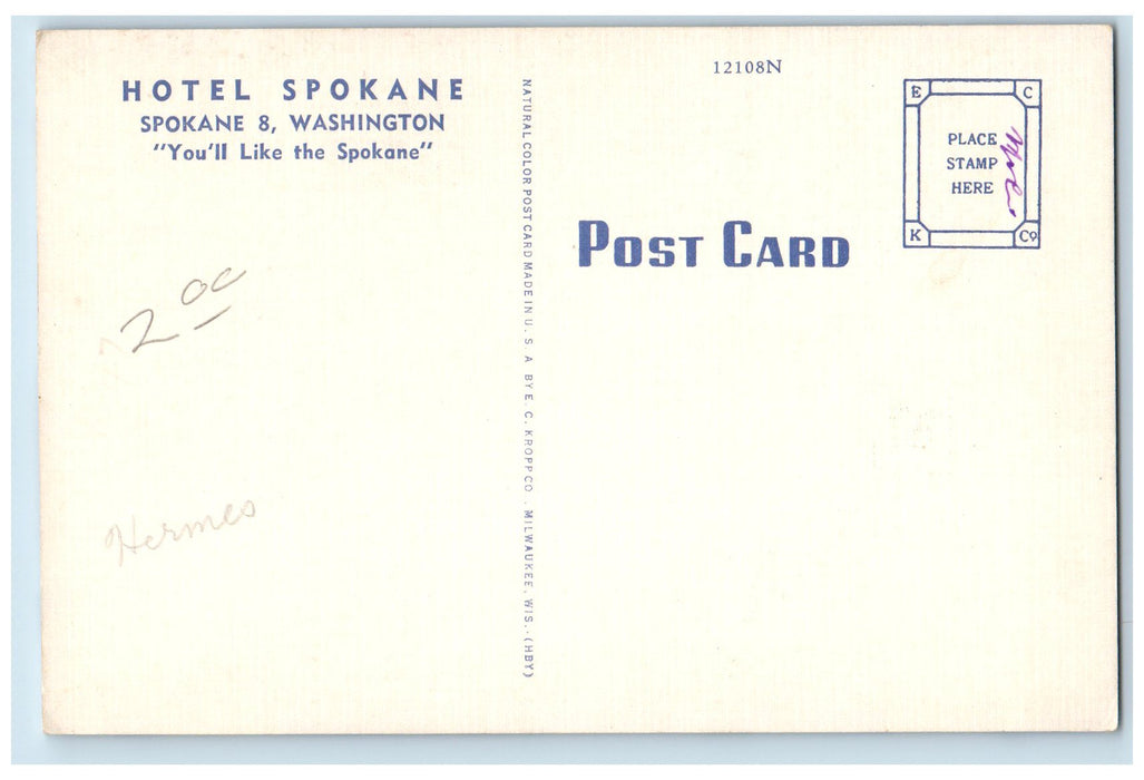 1940's Hotel Lobby Coffee Shop Interior Spokane Washington WA Unposted Postcard