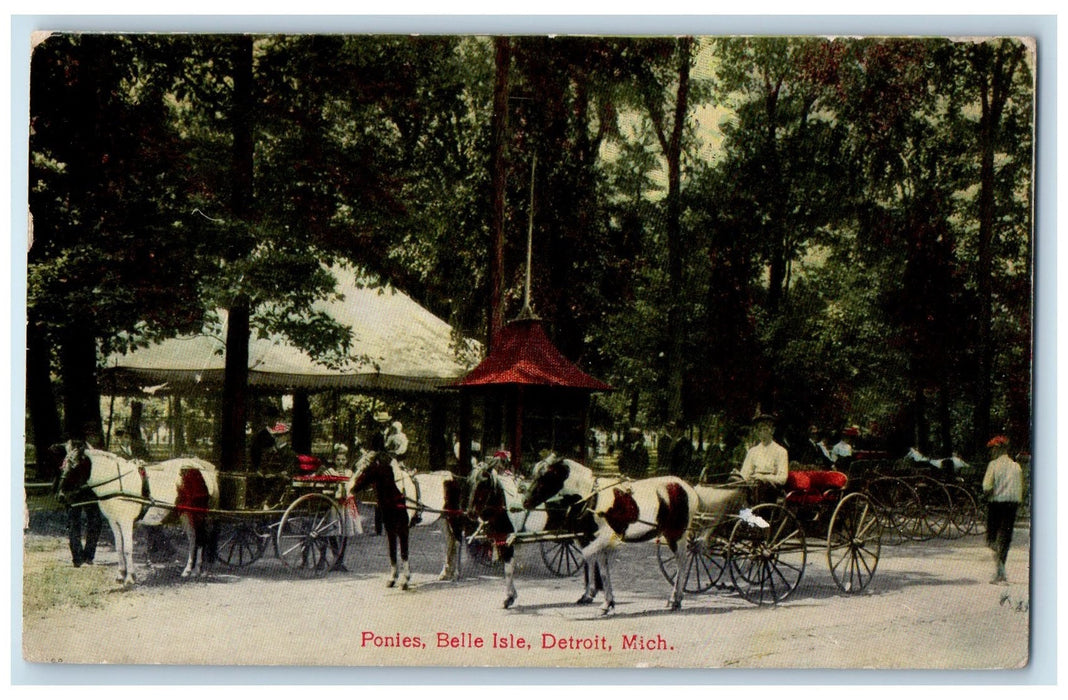1909 Ponles Belle Isle Carriages Trees Scene Detroit MI Posted Vintage Postcard