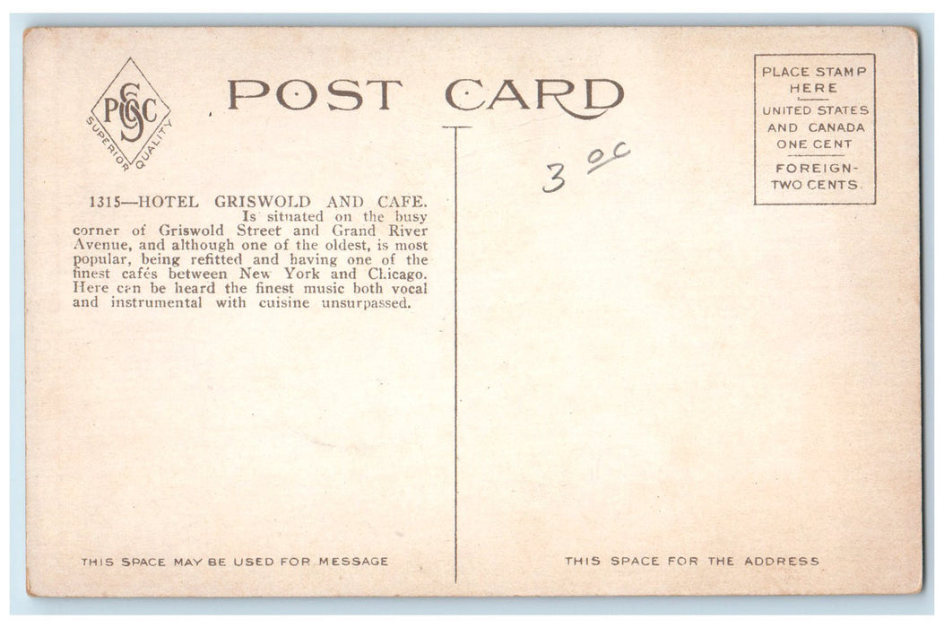 c1940's Hotel Griswold And Cafe Griswold Street River Ave MI Unposted Postcard