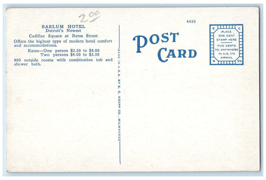 c1920s Barlum Hotel Cadillac Square At Bates Street Detroit MI Unposted Postcard